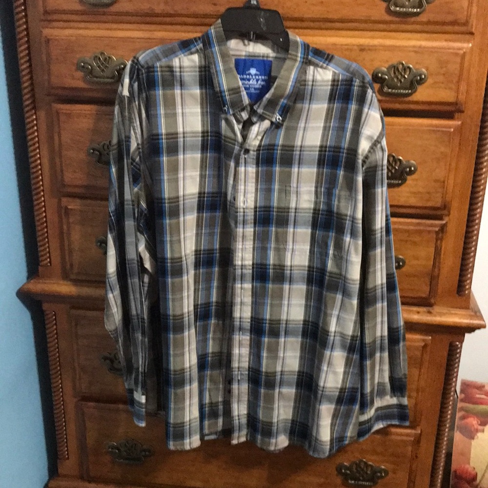 Saddlebred Authentic Wrinkle Free Born Southern Grey, Taupe and Blue Plaid Shirt